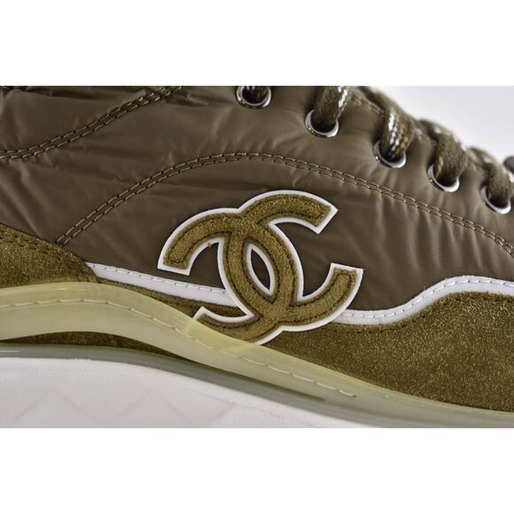 Chanel 19B Green Quilted Platform CC Logo High Top Trainer Sneaker Boot 44 11 - Picture 4 of 12